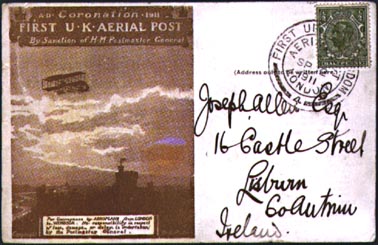 1911 First UK Aerial Post postcard to Ireland