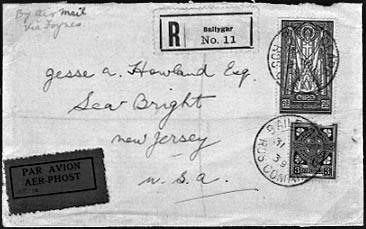1937 registered airmail cover to USA with 2/6 St Patrick stamp